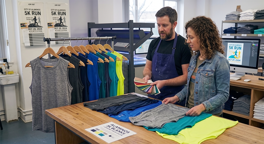 A man and woman stand at a table in a print shop, looking at colorful fabric swatches and athletic tank tops. Local screen printing services are featured, with custom apparel and 5K run posters displayed on the wall.