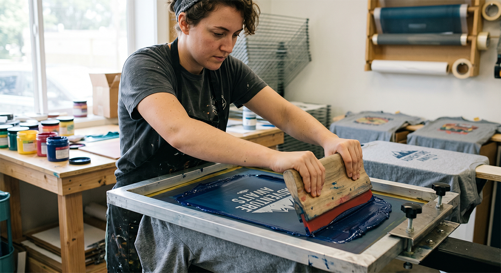 A person uses a wooden squeegee to screen print a blue design onto a gray T-shirt in a workshop, with ink containers and finished shirts visible nearby, similar to those seen in local Screen Printing Shops.