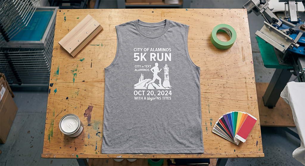 Gray sleeveless shirt on a wooden table, featuring a City of Alaminos 5K Run graphic and event date—crafted with local screen printing. Surrounding items include a paint can, block of wood, tape, and color swatch booklet.