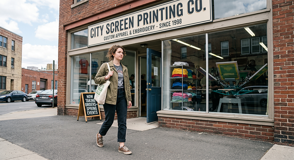 A person with curly hair walks past the storefront of City Screen Printing Co., one of the top screen printing shops nearby, with large windows displaying colorful shirts and a sidewalk sign advertising orders for spring events.