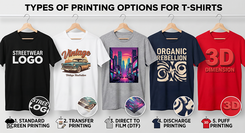 Five t-shirts on hangers display different printing styles—screen printing, transfer, direct to film, discharge, and 3D puff—like you'd find at Screen Printing Shops nearby. Each shirt features a unique design illustrating its printing method.