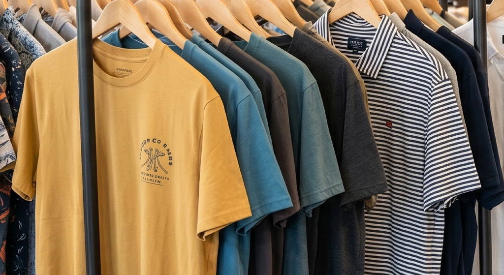 A row of assorted t-shirts and polo shirts, including a yellow graphic tee made at a local screen printing store, hang neatly on wooden hangers in a clothing store, showcasing various colors and patterns.