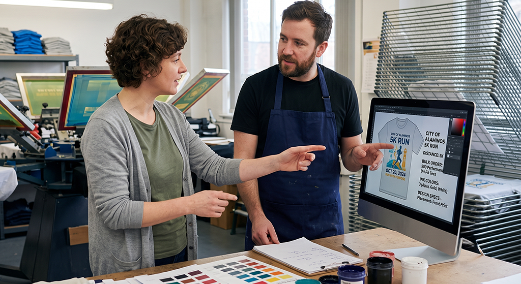 Two people in a print shop discuss a custom apparel design for a “City 5K Run” T-shirt displayed on a monitor. Color samples, notes, and local screen printing equipment fill the workspace around them.