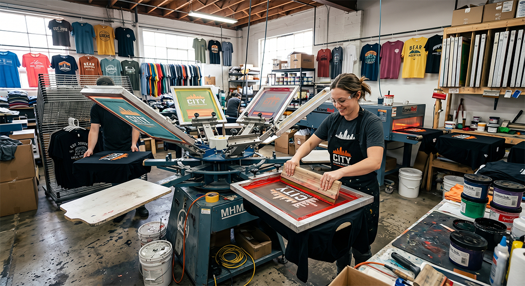 A person operates a screen printing machine in a workshop, pressing ink onto a black T-shirt. Colorful shirts hang on racks, with printing supplies around—capturing the hands-on process seen at top screen printing companies.