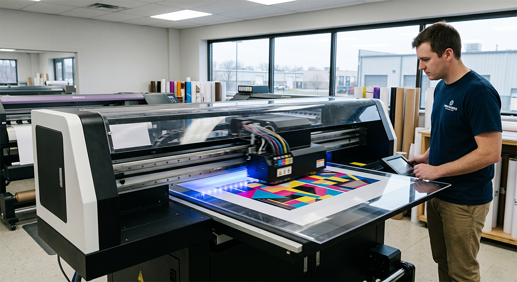 A man operates a large flatbed printer as it prints a colorful geometric design in a well-lit room, showcasing a thriving screen printing business with big windows and various printing supplies in the background.