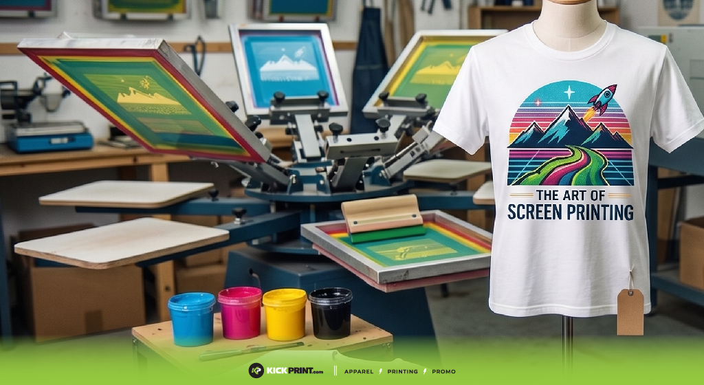 A screen printing store with colorful ink tubs, screens, and a mannequin displays a white t-shirt featuring a retro-style rocket and landscape design titled The Art of Screen Printing. Discover vibrant designs close to me.