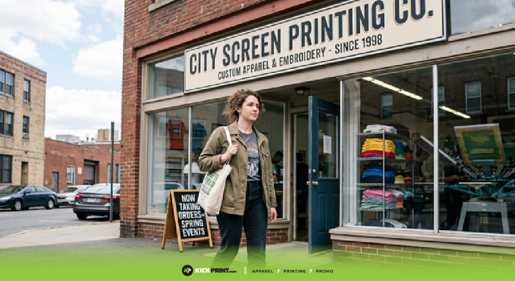 A person stands outside City Screen Printing Co., a nearby custom apparel and embroidery shop. Stacks of colorful shirts are visible in the window, and a sign reads, Now taking orders - spring events.