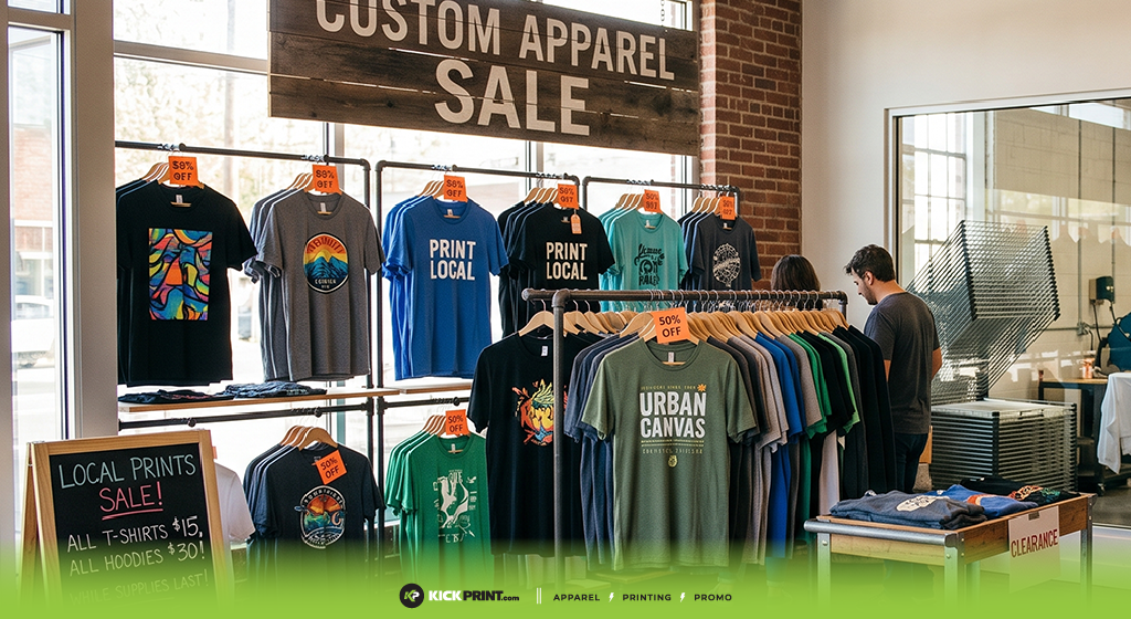 A display of colorful screen printing t-shirts on racks under a Custom Apparel Sale sign, with 50% off tags. A man and woman browse near a counter with folded shirts and a chalkboard price list—a thriving business in my area.