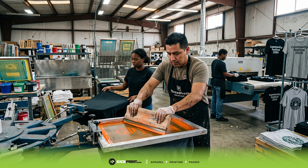Three people are screen printing T-shirts inside a spacious workshop, showcasing techniques used by top screen printing companies. One presses ink through a screen while others handle shirts and operate equipment; finished shirts hang on a rack in the background.