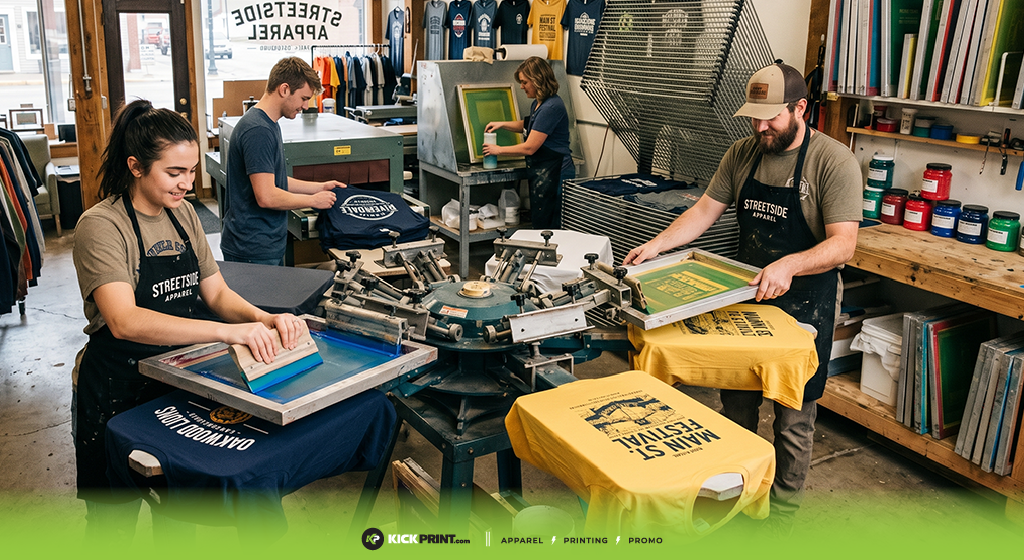 Four people screen printing colorful t-shirts in a busy shop, offering local screen printing services. Surrounded by inks and tools, two press screens onto shirts while others handle equipment and arrange custom apparel.