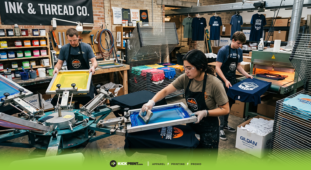 Four people screen printing t-shirts in a workshop, surrounded by ink tubs, equipment, and racks of shirts. A sign reads “Ink & Thread Co.”—a screen printing company with custom shirts and supplies available near me.