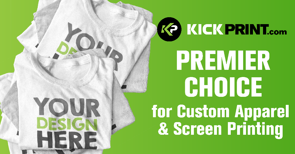 Stacked t-shirts with YOUR DESIGN HERE text beside the KickPrint.com logo; caption reads Premier Choice for Custom Apparel & Screen Printing Companies in Missouri on a green background.