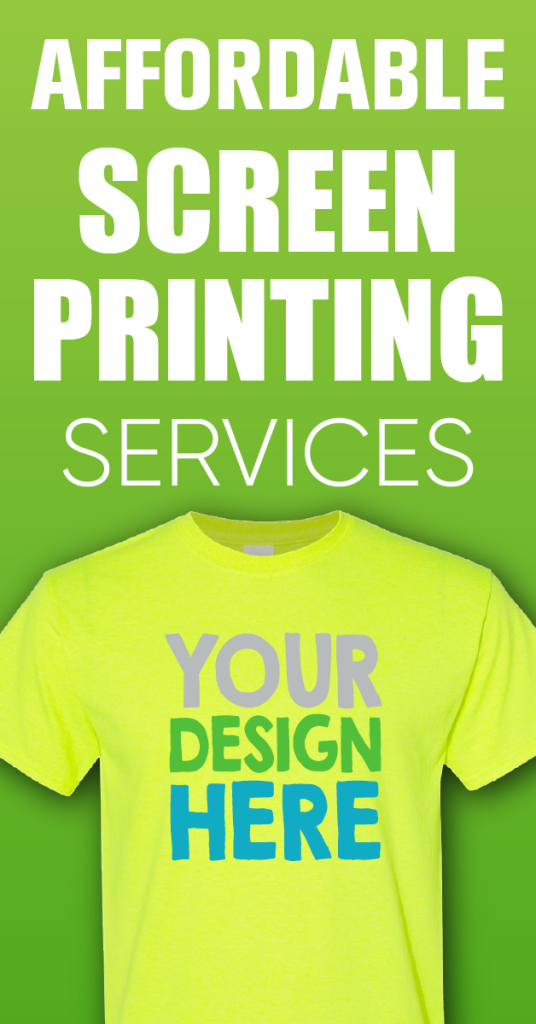 A lime green t-shirt with the words YOUR DESIGN HERE is displayed below the text Budget & Affordable Screen Printing Services on a green gradient background, showcasing quality prints at great prices.