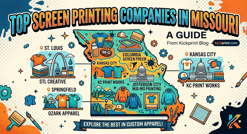 Illustrated map of Missouri showcasing leading Screen Printing Missouri companies in St. Louis, Springfield, Ozark, Kansas City, Columbia, and Jefferson City. Features graphics like shirts and printing machines. Text: Top Screen Printing Companies in Missouri.