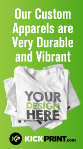 A stack of white t-shirts with YOUR DESIGN HERE printed on top. The text above reads, Our Custom Apparels are Very Durable and Vibrant—crafted by one of the leading Screen Printing Companies Missouri. KickPrint.com logo is at the bottom on a green gradient background.