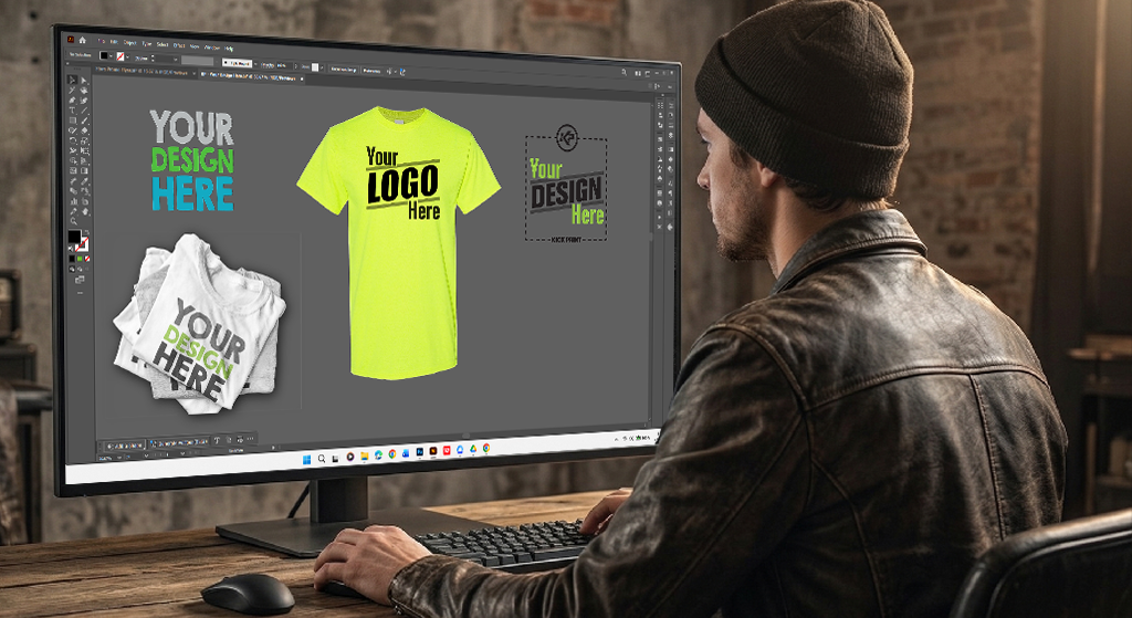 A person wearing a beanie and leather jacket sits at a desk, designing custom t-shirts on a large computer monitor displaying shirt graphics and text that reads Your Design Here and Your Logo Here—perfect for quality prints with affordable screen printing.