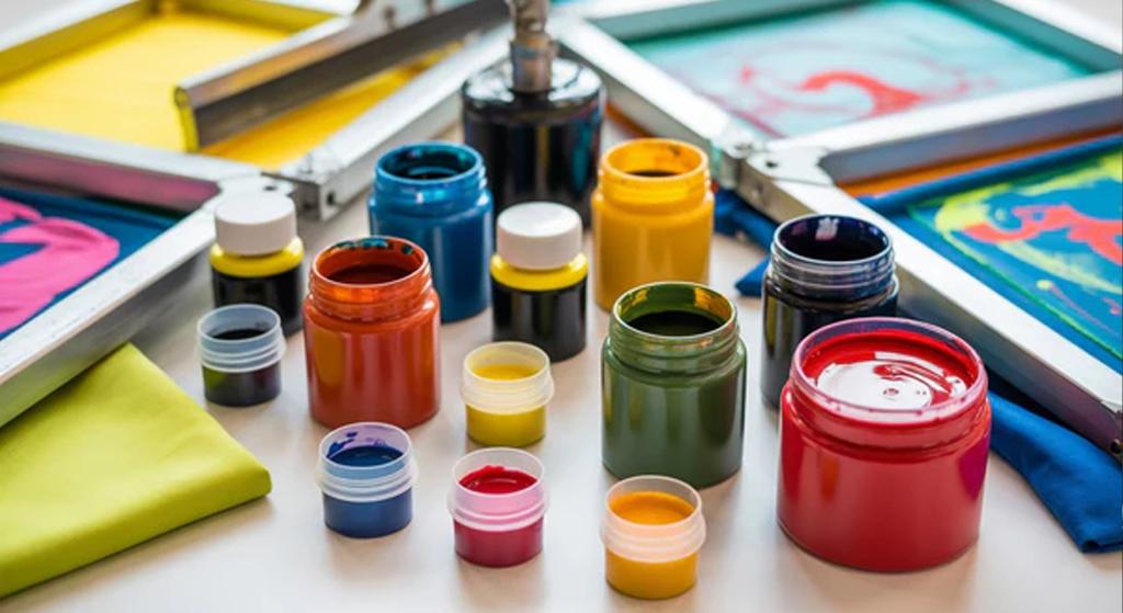Jars and small containers of colorful paints are arranged on a table, surrounded by screen printing frames and fabric, hinting at affordable screen printing or quality prints in an artistic workspace.