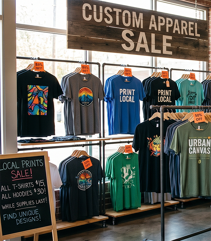 A display of colorful graphic t-shirts and hoodies on racks in a store, with a large Custom Apparel Sale sign above and a chalkboard advertising local screen printing and prices. Orange tags indicate a 50% off discount in My Area.