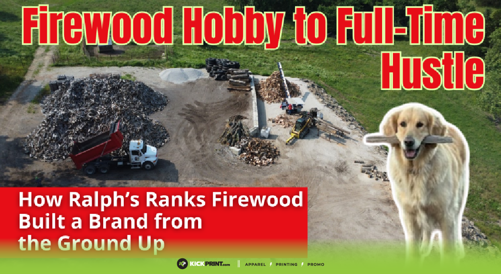 Aerial view of a firewood yard with piles of wood, machinery, and a dog holding a stick. Bold text reads: “Firewood Hobby to Full-Time Hustle” and “How Ralph’s Ranks Firewood grew their firewood business from the ground up.”.