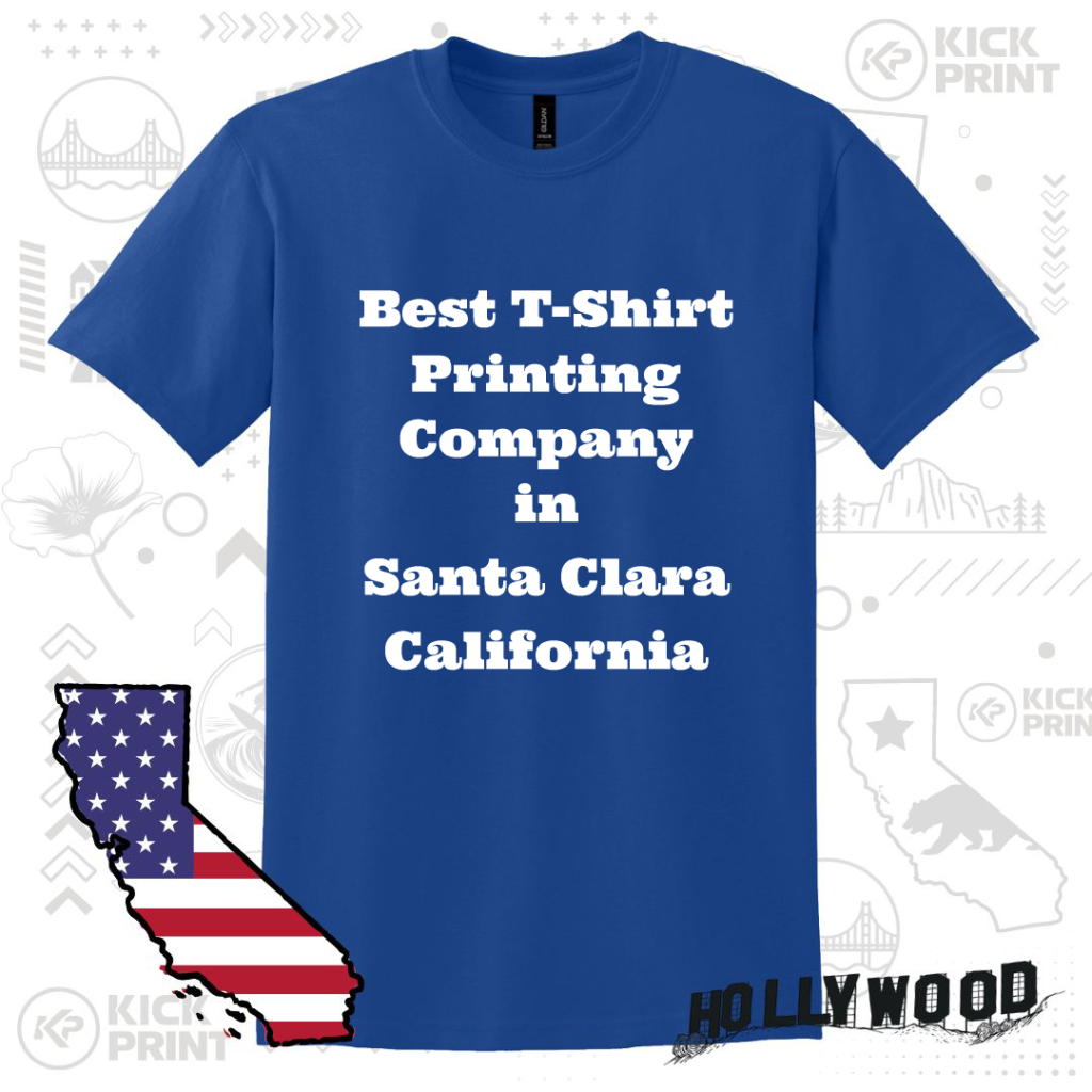 A blue t-shirt with white text that reads Best T-Shirt Printing Company in Santa Clara California. The background includes outlines of California maps and a graphic of California with a U.S. flag pattern.