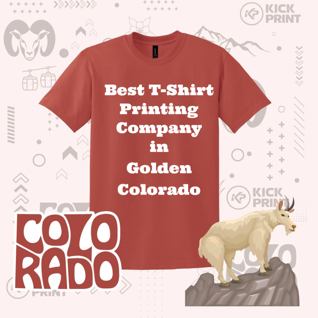 A red t-shirt with the text Best T-Shirt Printing Company in Golden Colorado is centered. Surrounding graphics include a mountain goat, Colorado text, ram illustration, and abstract mountain-themed icons.