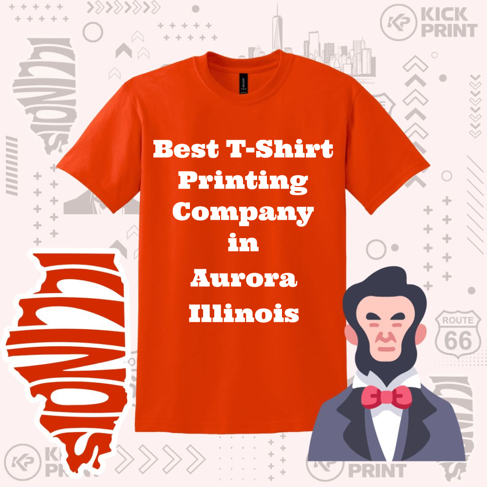A bright orange t-shirt with bold white text reading Best T-Shirt Printing Company in Aurora Illinois, surrounded by a graphic of Illinois, an Abraham Lincoln cartoon, and decorative print-themed icons.