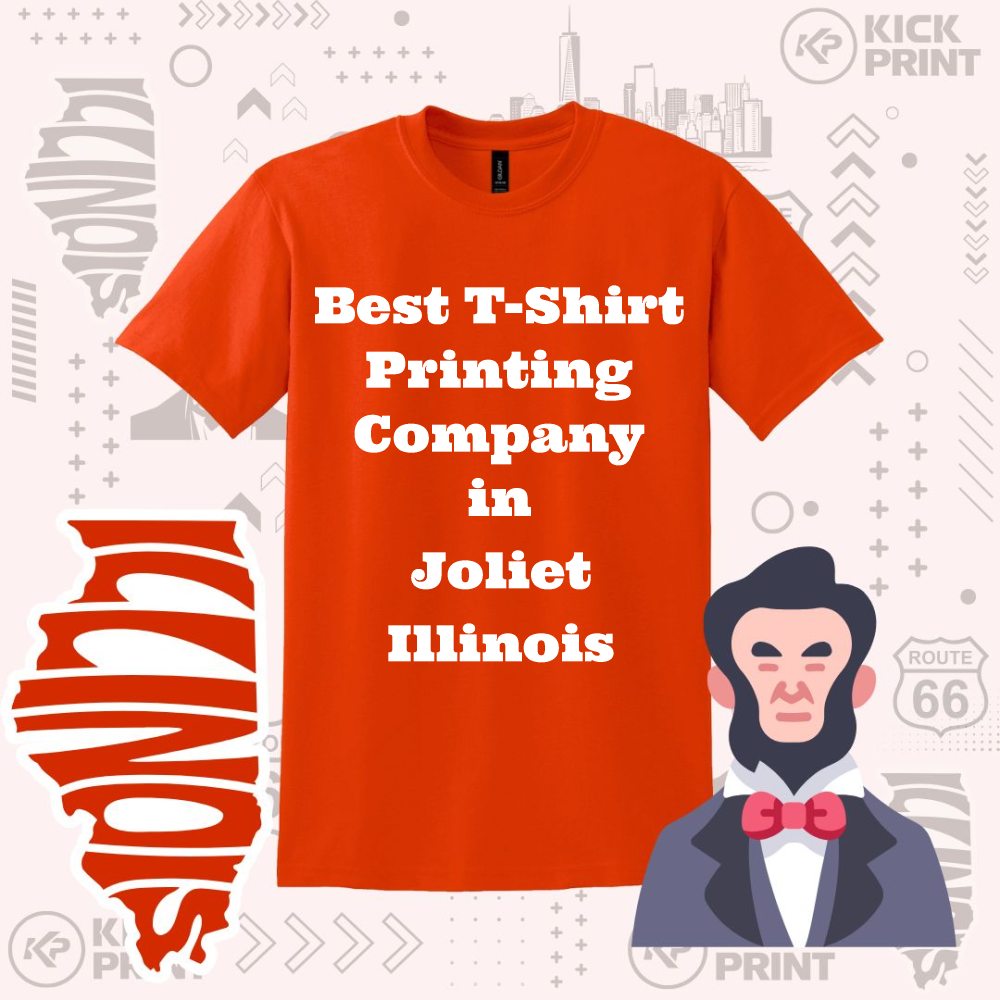 An orange t-shirt with the text Best T-Shirt Printing Company in Joliet Illinois. The background features Illinois state graphics, patterns, and a cartoon Abraham Lincoln.