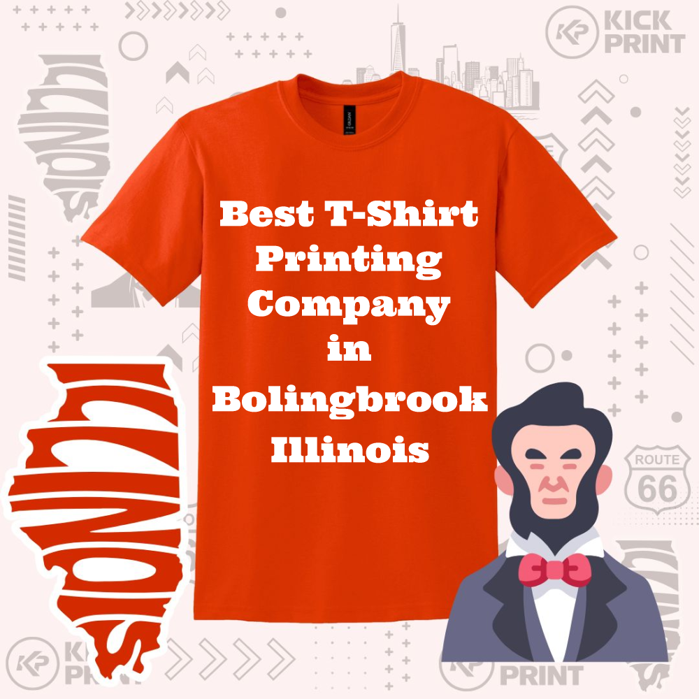 An orange T-shirt with bold white text reading “Best T-Shirt Printing Company in Bolingbrook Illinois.” The background includes graphics of Illinois, Abraham Lincoln, and various printing-themed icons.