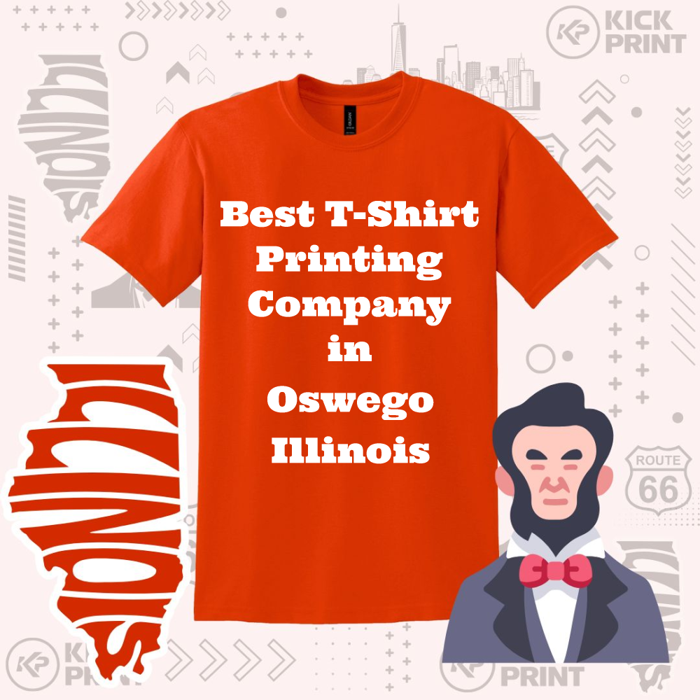 An orange T-shirt reads Best T-Shirt Printing Company in Oswego Illinois in bold white text. The background has Illinois graphics, a cartoon Abraham Lincoln, and various decorative icons.