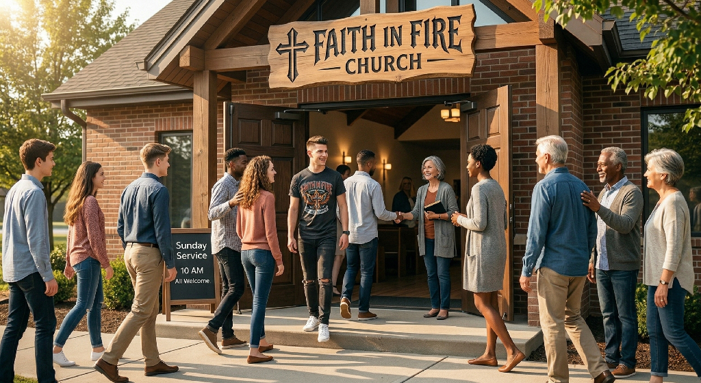 A diverse group greets and chats outside a brick church with a sign reading Faith in Fire Church, showcasing thoughtful church branding. A Sunday service sign is by the entrance, adding to the welcoming and friendly atmosphere.