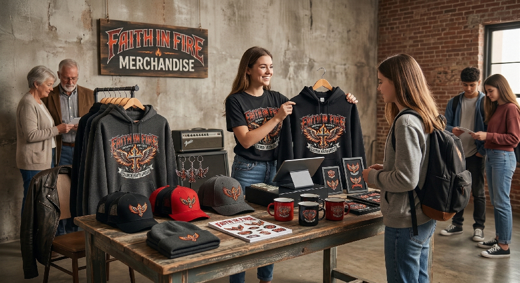 A woman sells Faith in Fire band merchandise, using best branding practices, including shirts, hats, mugs, and stickers to a customer in a rustic indoor setting. Other people browse items and chat in the background.