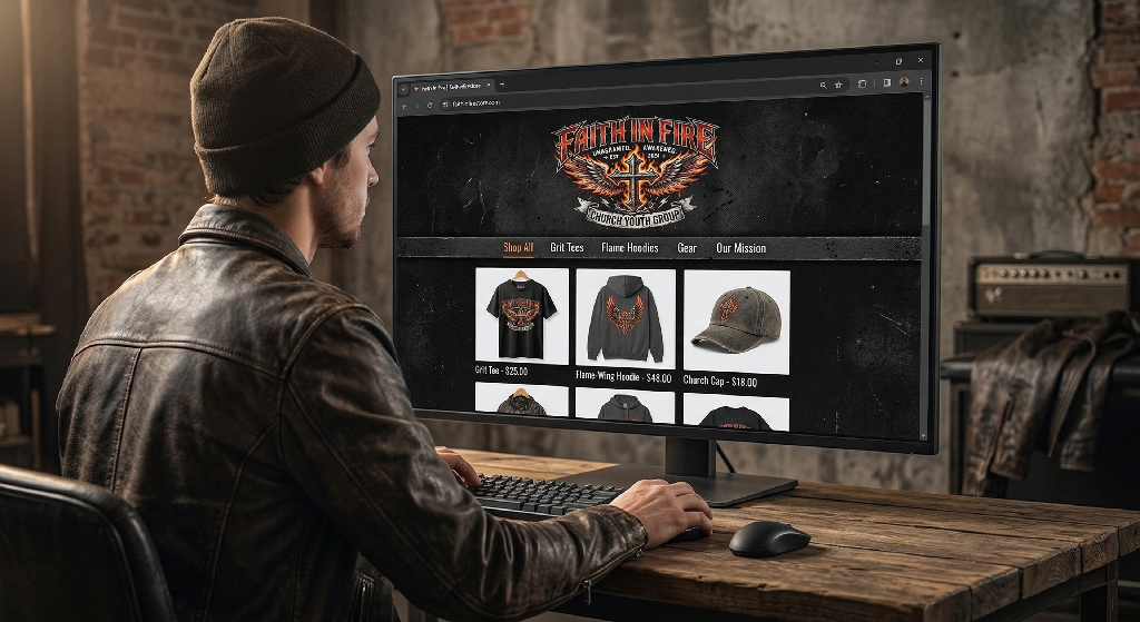 A person in a beanie and sweater sits at a desk using a computer, browsing a “Faith on Fire” merchandise website featuring church branding—t-shirts, hoodies, and hats with fiery eagle logos that showcase bold church marketing.