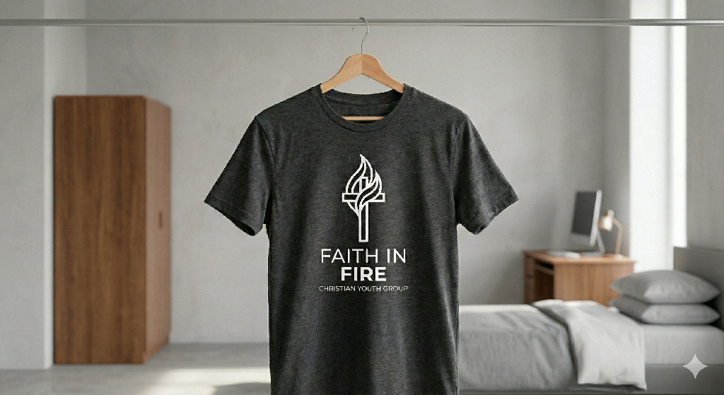 A dark gray t-shirt hangs on a wooden hanger in a minimalist bedroom, featuring a flame graphic and the text FAITH IN FIRE CHRISTIAN YOUTH GROUP—a great example of church branding through apparel.