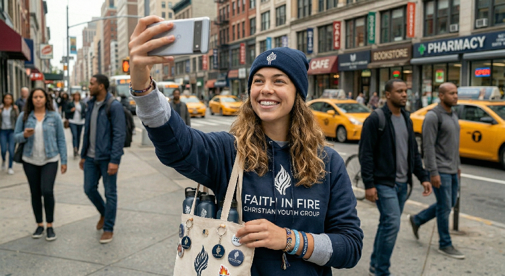 A young woman wearing a Faith in Fire Christian Youth Group hoodie and beanie—showcasing vibrant church branding—smiles while taking a selfie on a busy city street with yellow taxis and people walking in the background.