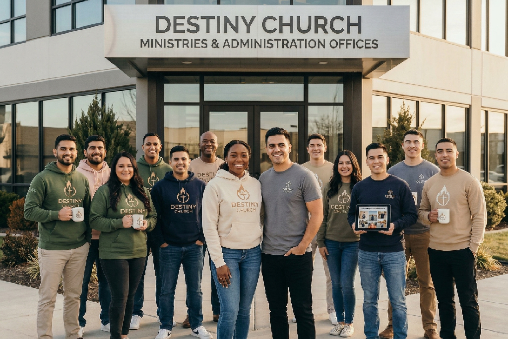 A group of thirteen people smile outside the Destiny Church Ministries & Administration Offices, several proudly wearing church merch like logo sweatshirts and holding mugs or a tablet showing more faces. The building and entrance are visible behind them.