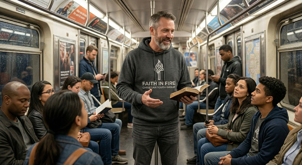 A man in a Faith in Fire Christian Youth Group hoodie—showcasing thoughtful church branding—stands in a subway car, reading from a Bible to attentive young adults; other passengers are also present.