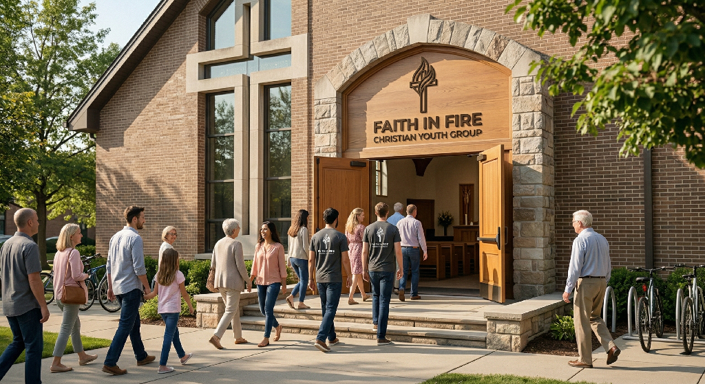 A group of people, including adults and children, walk into a brick building with large wooden doors and a sign above reading “Faith in Fire Christian Youth Group,” showcasing warm church branding. The bright setting is welcoming, with trees nearby.