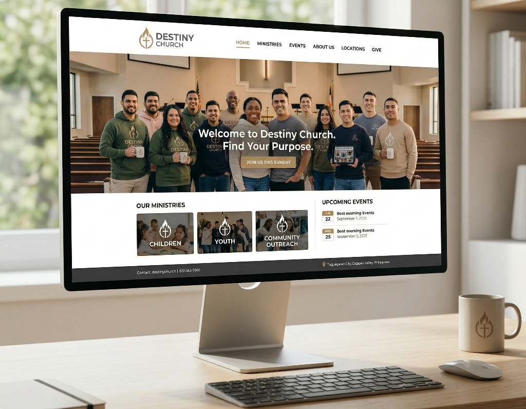 A desktop monitor displays the Destiny Church website, featuring a welcoming banner with a group photo, menu options, ministry sections, upcoming events, and church merch like a branded coffee mug on the desk beside the screen.