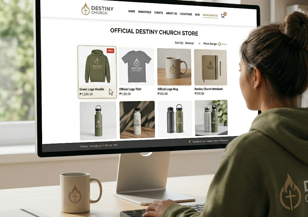 A person wearing a green Destiny Church hoodie browses the official Destiny Church online store on a desktop computer, viewing church merch like hoodies, mugs, water bottles, and notebooks that highlight the church's unique branding.