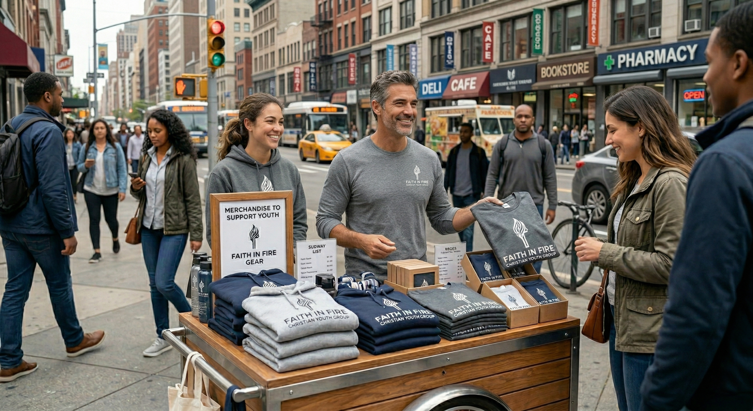 A smiling man sells “Faith in Fire” shirts and merchandise from a street cart on a busy city sidewalk, using church branding to attract attention as two women browse. Pedestrians and taxis pass by storefronts in the background.