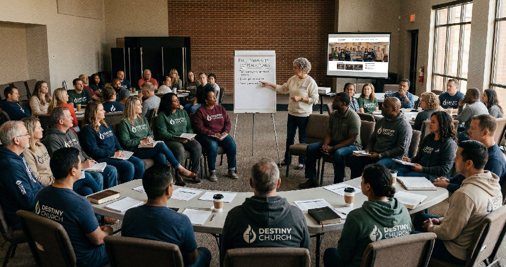 A large group sits in a church meeting room, many wearing “Destiny Church” shirts as part of their church merch. A woman presents at a whiteboard while others listen, and a screen in the background displays a website.