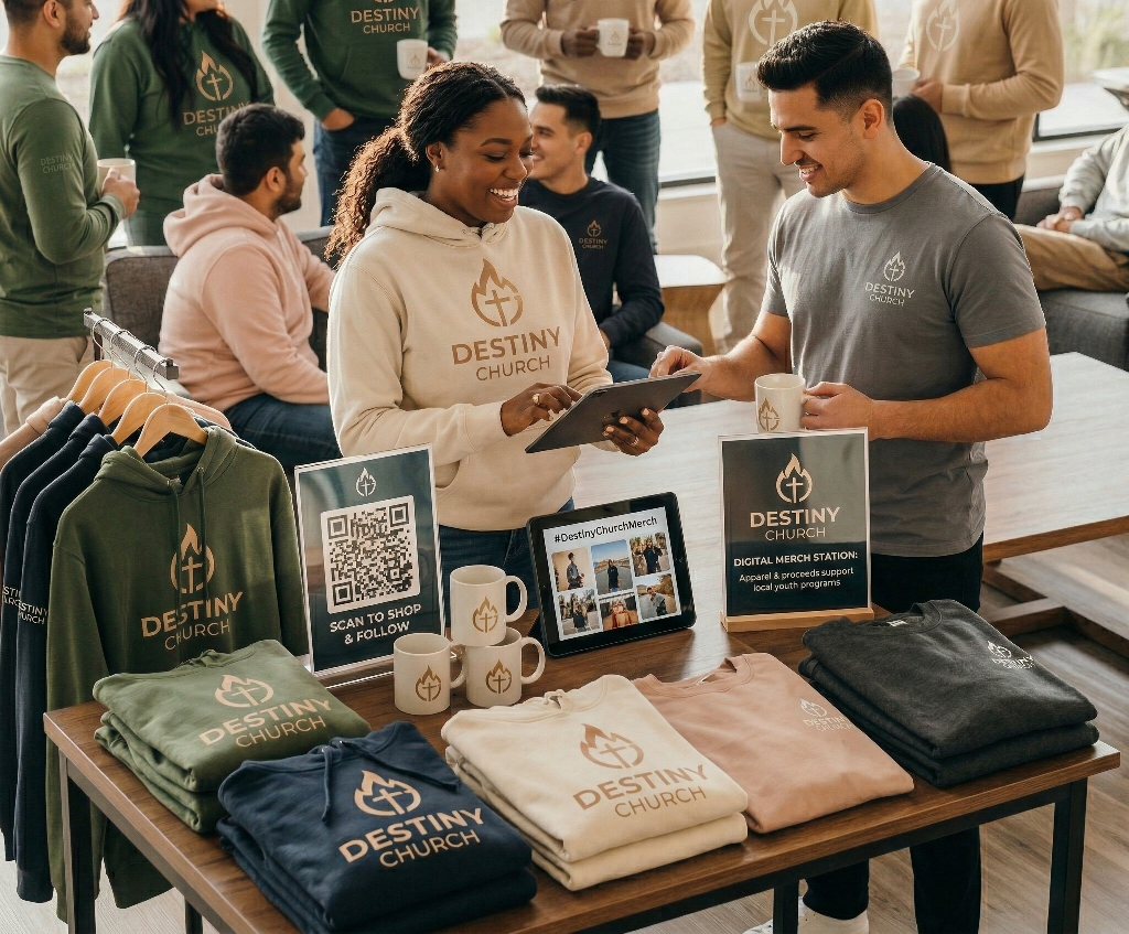 A man and woman smile while exchanging a card at a merchandise table displaying Destiny Church hoodies, shirts, and mugs—perfect for church fundraising. Others in branded clothing chat nearby, with signs and a digital tablet on the table.
