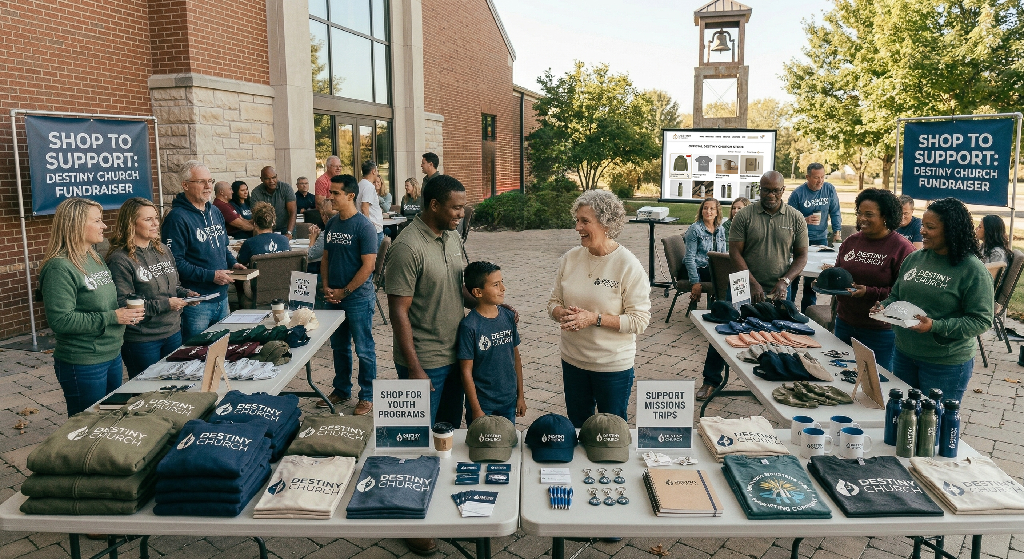 People gather outside near tables displaying church merch like shirts, hats, and mugs at a Destiny Church fundraiser. Signs read “Shop to Support.” Attendees converse and browse merchandise in a friendly atmosphere promoting church branding.