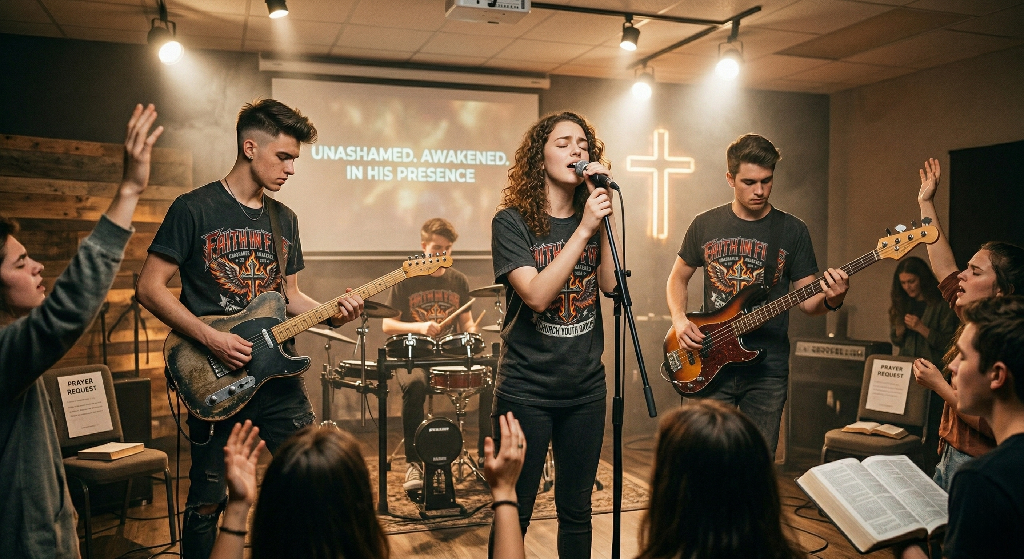 A young band performs on stage in a church, embodying church branding, with a singer at the mic and musicians on guitar, bass, and drums. The audience raises their hands as a screen displays “UNASHAMED, AWAKENED, IN HIS PRESENCE.”.