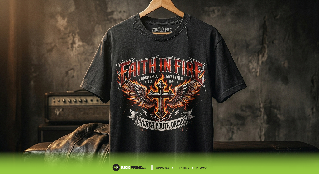 A black t-shirt hangs on a wooden hanger, featuring a bold Faith in Fire graphic with a flaming cross and wings—an inspiring example of church branding. Text below reads Unashamed. Unafraid. Church Youth Group. A guitar amplifier sits in the background.