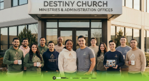 A diverse group of people stand smiling in front of Destiny Church Ministries & Administration Offices, wearing church merch and holding mugs and a tablet—showcasing their vibrant church branding.
