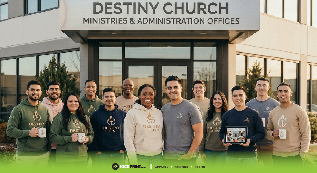 A diverse group of people stand smiling in front of Destiny Church Ministries & Administration Offices, wearing church merch and holding mugs and a tablet—showcasing their vibrant church branding.