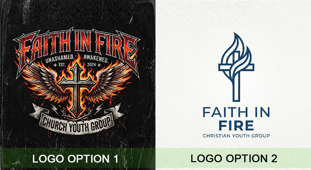 Two logo options for Faith in Fire youth group: Option 1 features a fiery cross with wings and bold red text, showcasing church branding. Option 2 offers a minimalist blue flame forming a cross above simple blue text on white.
