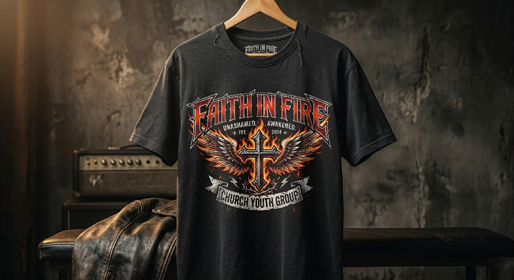 A black T-shirt hangs on a wooden hanger, featuring a fiery cross with wings and the text Faith in Fire Church Youth Group—an inspiring example of church branding. An amplifier and leather jacket are in the dimly lit background.