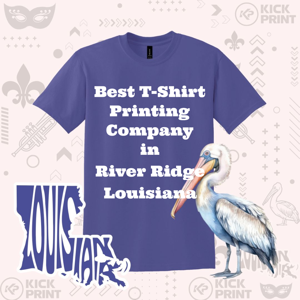 A purple T-shirt displays the text Best T-Shirt Printing Company in River Ridge Louisiana. The background features Louisiana-themed graphics, a pelican, and the word LOUISIANA stylized next to the shirt.